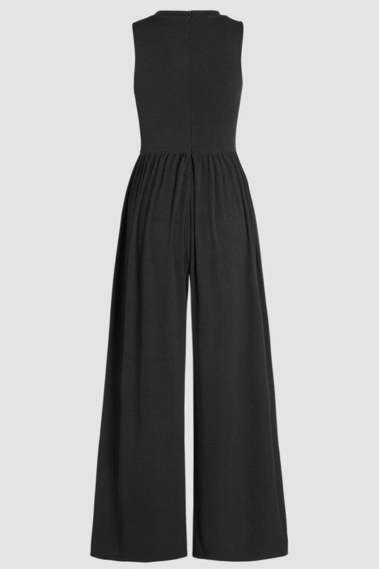 Women Cinched Waist Sleeveless Wide Leg Jumpsuit