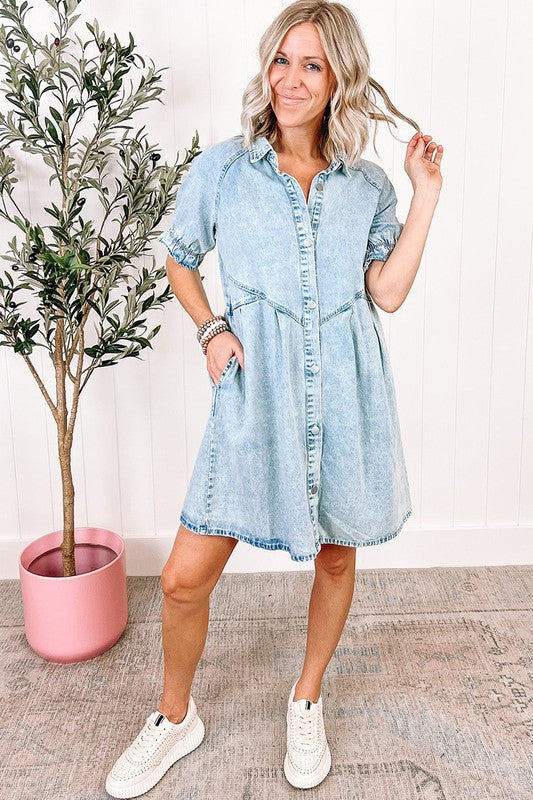 Women Ruffled Short Sleeve Buttoned Denim Dress