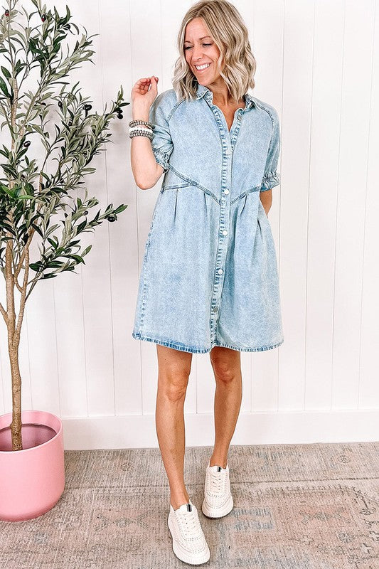 Women Ruffled Short Sleeve Buttoned Denim Dress