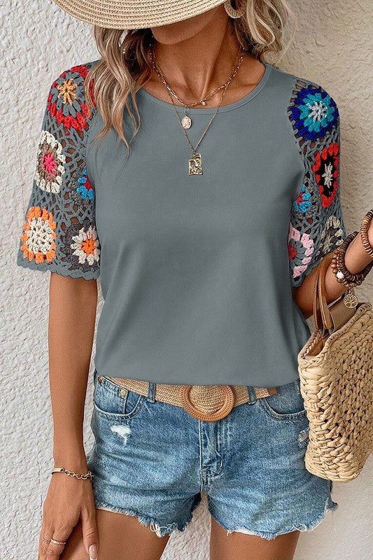 Women Turquoise Floral Crochet Short Sleeve Top