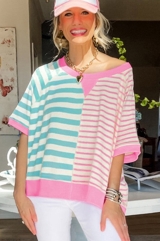 Women Stripe Contrast Patchwork Oversized T Shirt