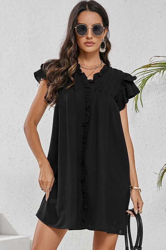 Women Ruffle Sleeve V Neck Frilled Shift Dress