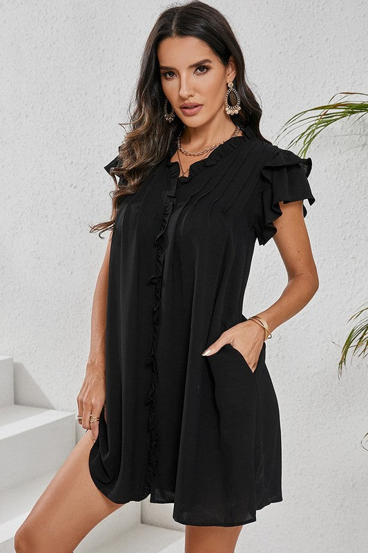 Women Ruffle Sleeve V Neck Frilled Shift Dress