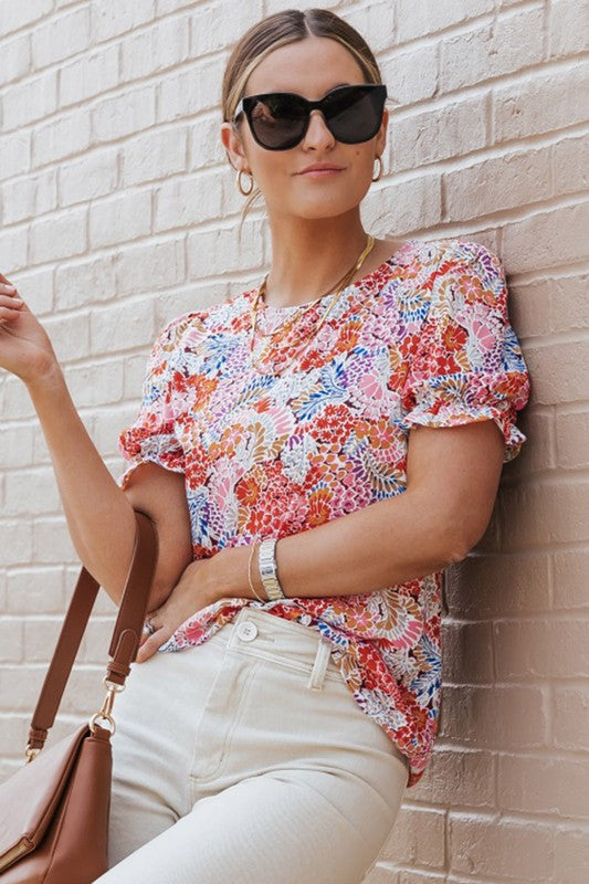 Women Mix Floral Pattern Bubble Sleeve Blouse