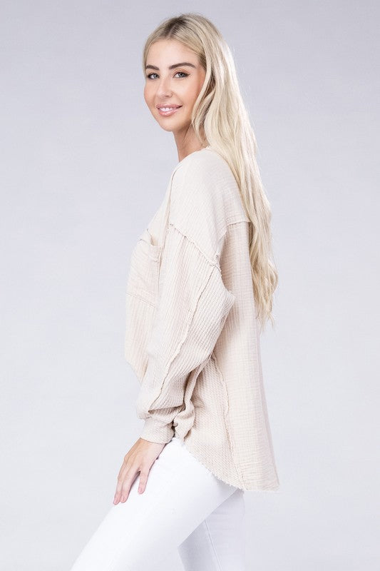 Double Gauze Oversized 3/4 Button Henley Neck Top