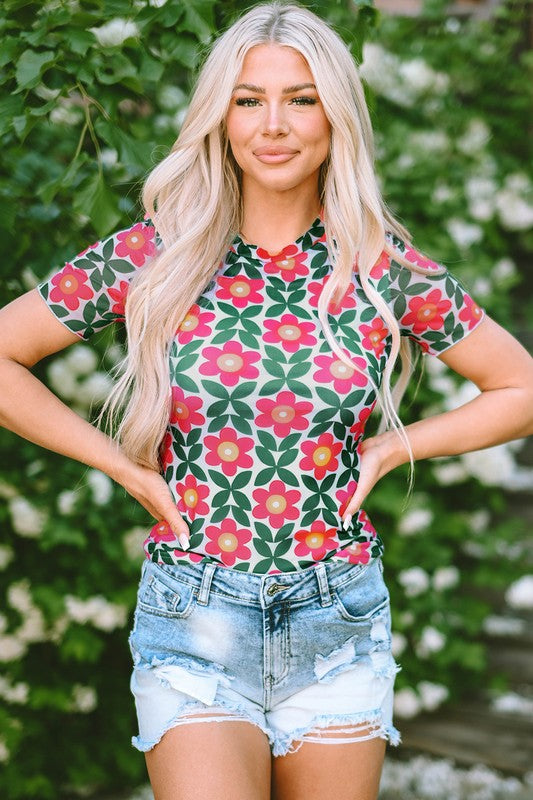 Women Red Retro Floral Print Crew Neck T Shirt