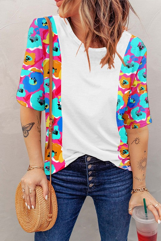 Women Floral Print Patchwork Short Sleeve Top