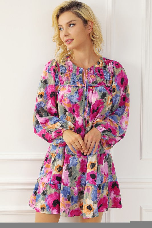 Women Floral Tie Neck Bubble Sleeve Shift Dress