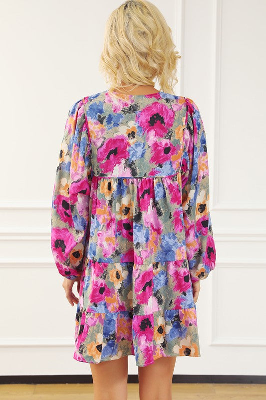 Women Floral Tie Neck Bubble Sleeve Shift Dress