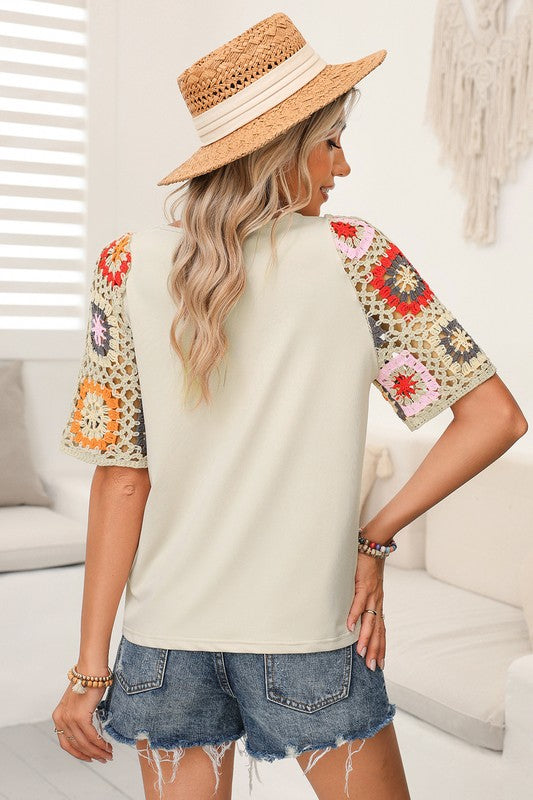 Floral Hollowed Crochet Sleeve Boho T Shirt