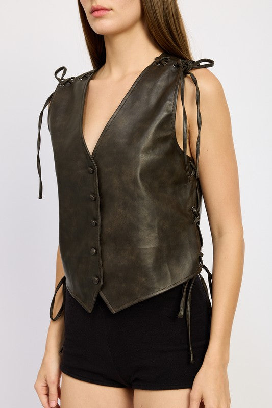 LEATHER VEST WITH LACE DETAIL