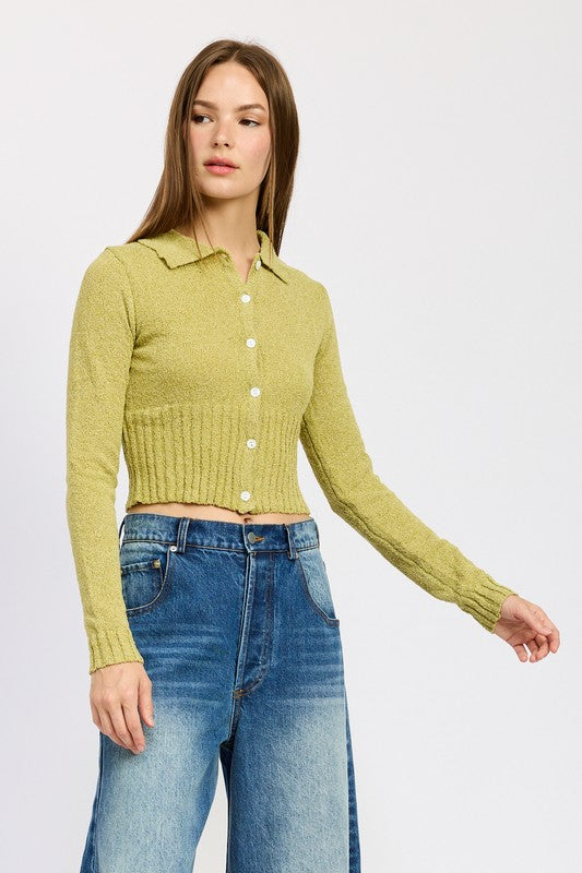 LONG SLEEVE BUTTON UP RIBBED TOP