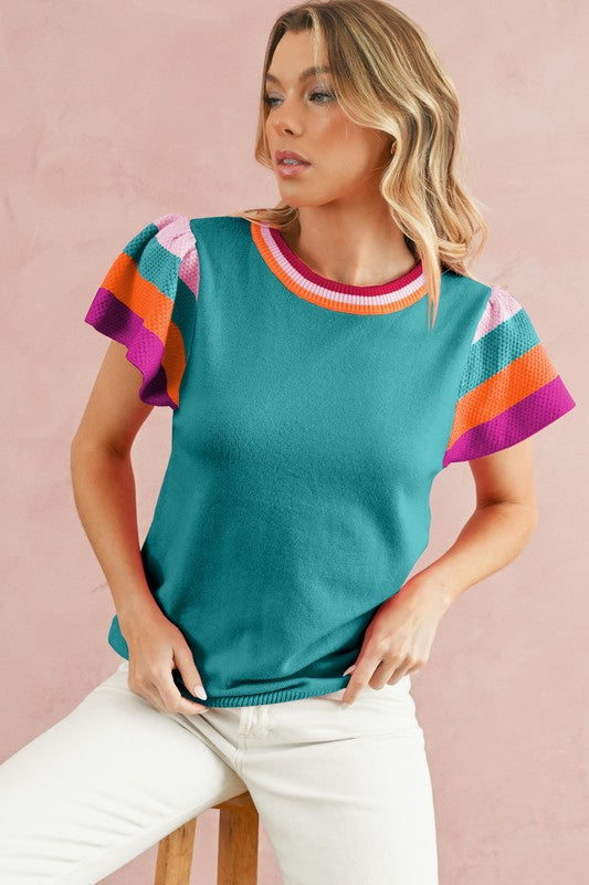 Contrast Sleeve Striped Round Neck Knitted Tee