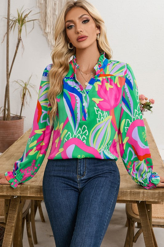 Abstract Ruffled Sleeve Buttoned V Neck Blouse