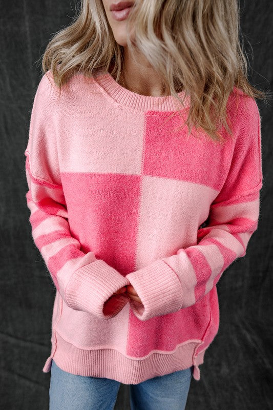 Checkered Color Block Striped High Low Sweater