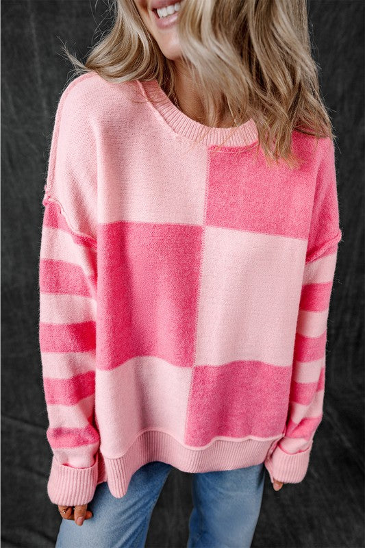 Checkered Color Block Striped High Low Sweater