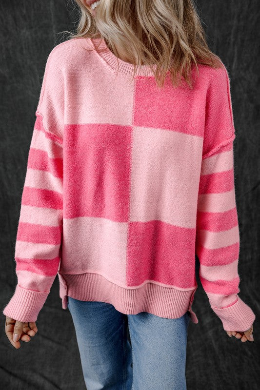 Checkered Color Block Striped High Low Sweater