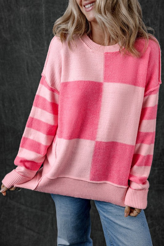 Checkered Color Block Striped High Low Sweater