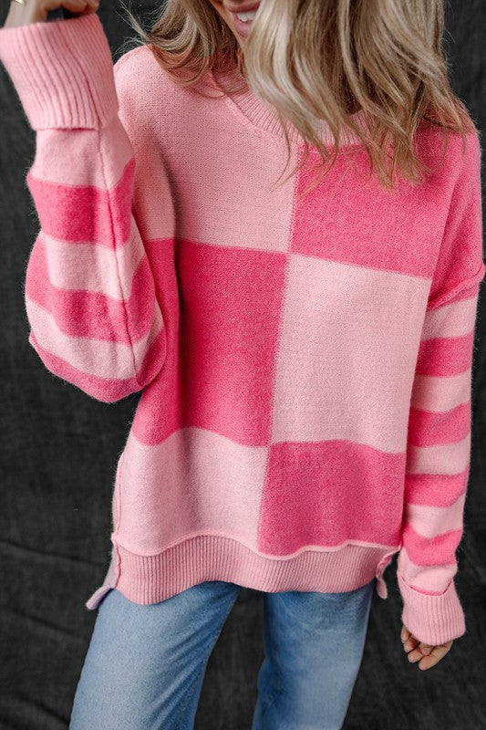 Checkered Color Block Striped High Low Sweater