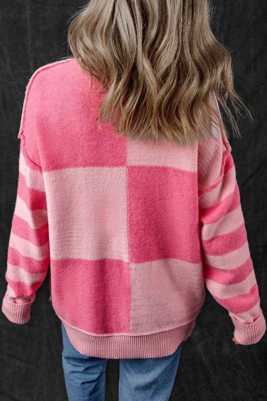 Checkered Color Block Striped High Low Sweater