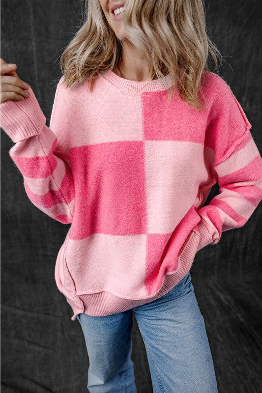 Checkered Color Block Striped High Low Sweater