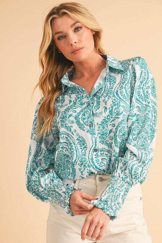 Paisley Print Smocked Cuffs Buttoned Loose Shirt