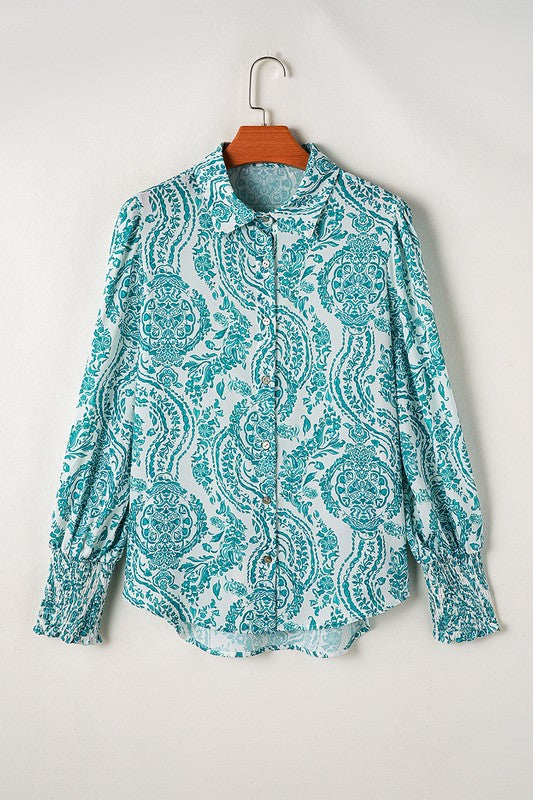 Paisley Print Smocked Cuffs Buttoned Loose Shirt