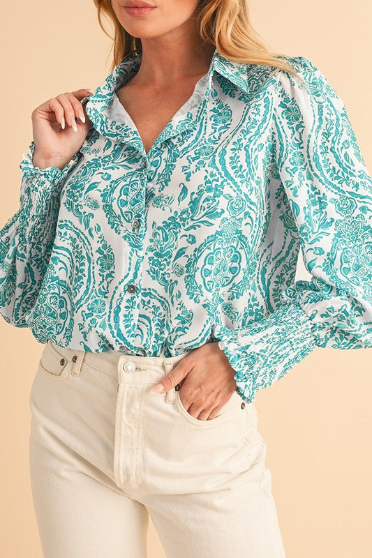 Paisley Print Smocked Cuffs Buttoned Loose Shirt