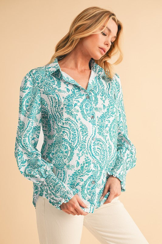 Paisley Print Smocked Cuffs Buttoned Loose Shirt