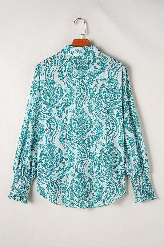 Paisley Print Smocked Cuffs Buttoned Loose Shirt