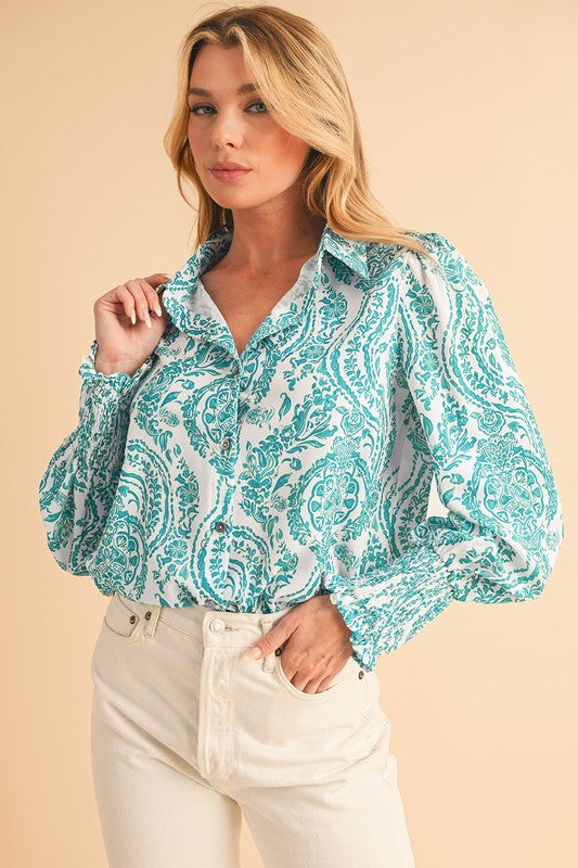 Paisley Print Smocked Cuffs Buttoned Loose Shirt