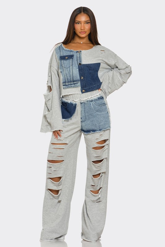 Distressed Denim Patchwork Set