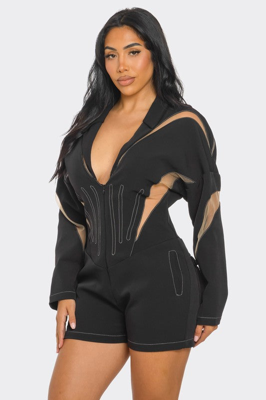 Chic Mesh-Panelled Black Romper