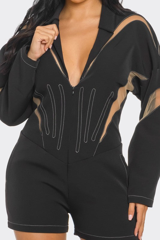 Chic Mesh-Panelled Black Romper