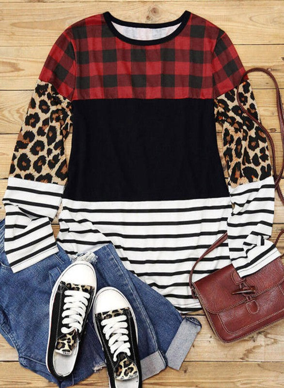 Women Splicing Striped Color Block Long Sleeve Top