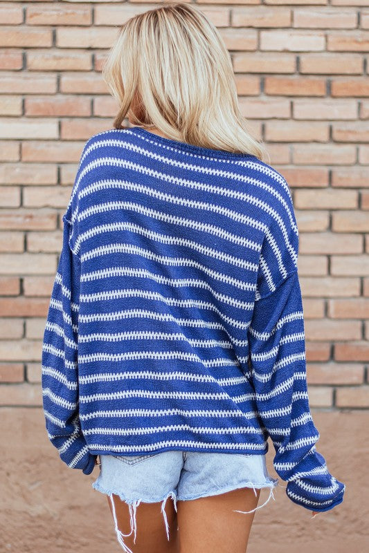 Casual Stripe Round Neck Drop Shoulder Sweater