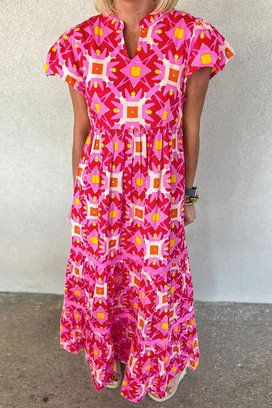 Women Strawberry Geo Print V-neck Maxi Dress