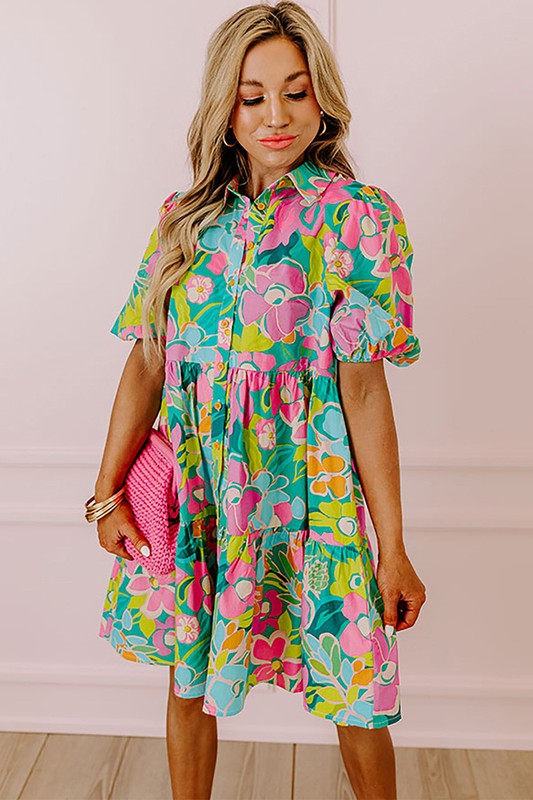 Women Floral Puff Sleeve Buttoned Babydoll Dress