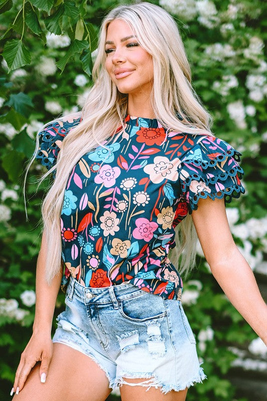 Women Trimmed Ruffle Sleeve Summer Floral Blouse