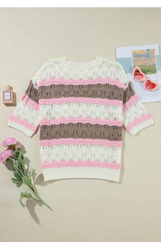 Women Stripe Color Block Half Sleeve Sweater