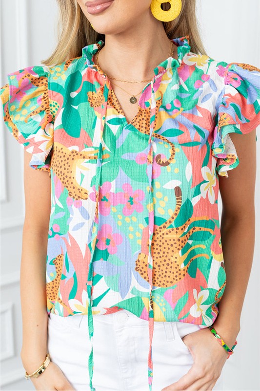 Women Ruffle Tie Split Neck Summer Floral Blouse