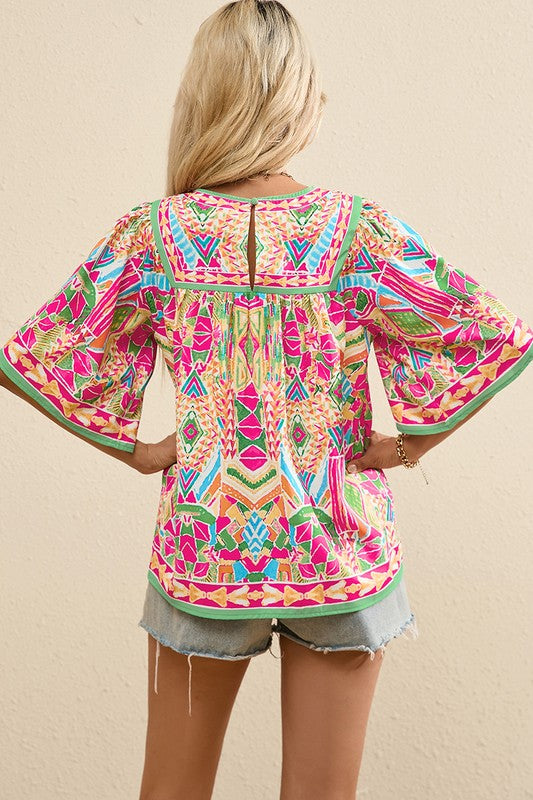 Women Print Bell Sleeve O Neck Babydoll Blouse