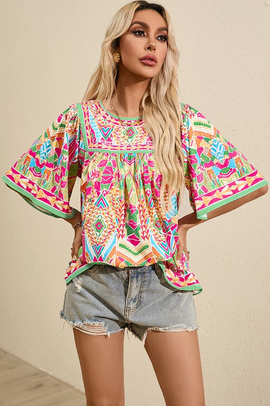 Women Print Bell Sleeve O Neck Babydoll Blouse