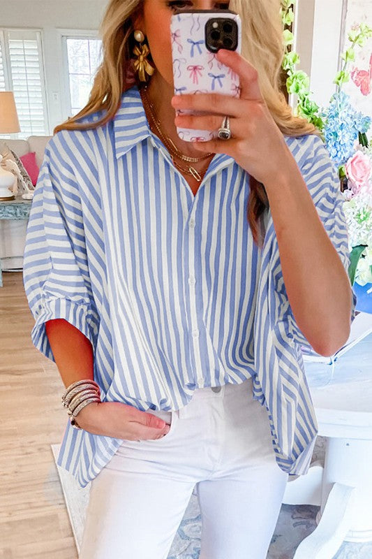 Women Stripe Dolman Sleeve Oversize Shirt