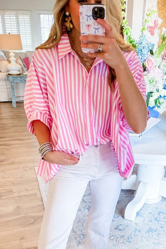 Women Stripe Dolman Sleeve Oversize Shirt