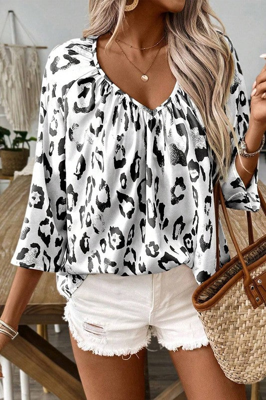 Leopard Print Ruched V Neck 3/4 Sleeve Blouse