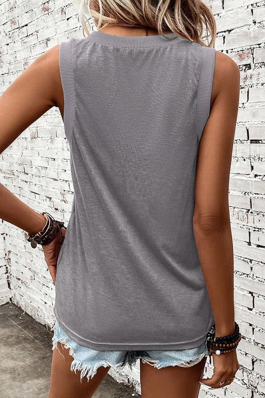 Women Black Ribbed V Neck Tank