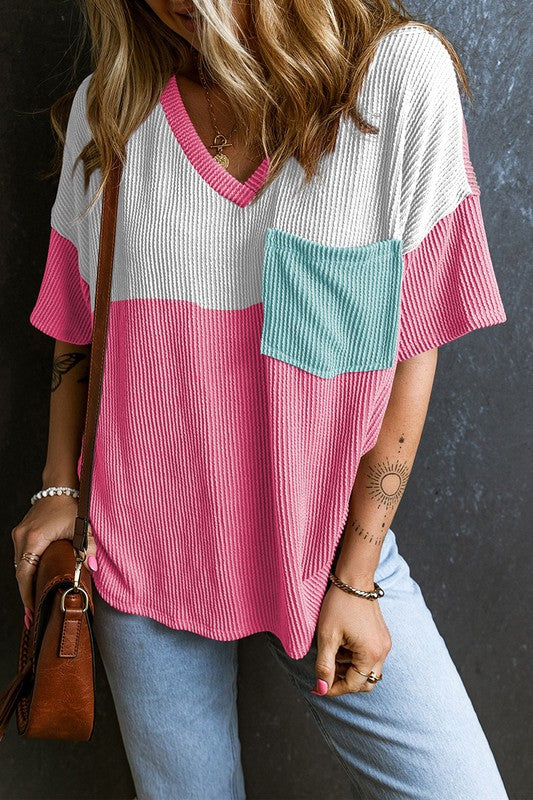 Rose Color Block Patch Pocket Corded V Neck Tee