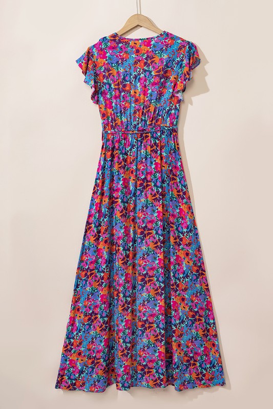 Women Floral Print V Neck Wrap Split Maxi Dress