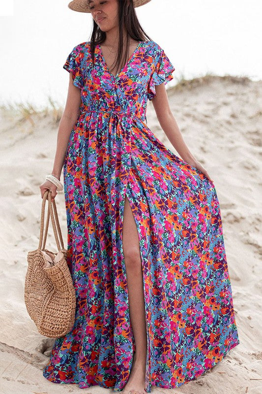 Women Floral Print V Neck Wrap Split Maxi Dress